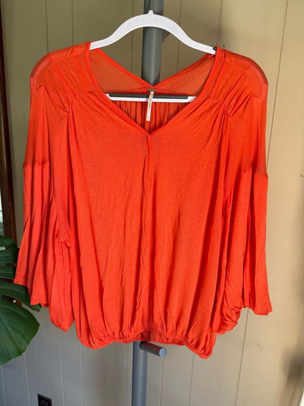 Free People Peaks Island Orange Oversized Lantern Sleeve Blouse Size SM